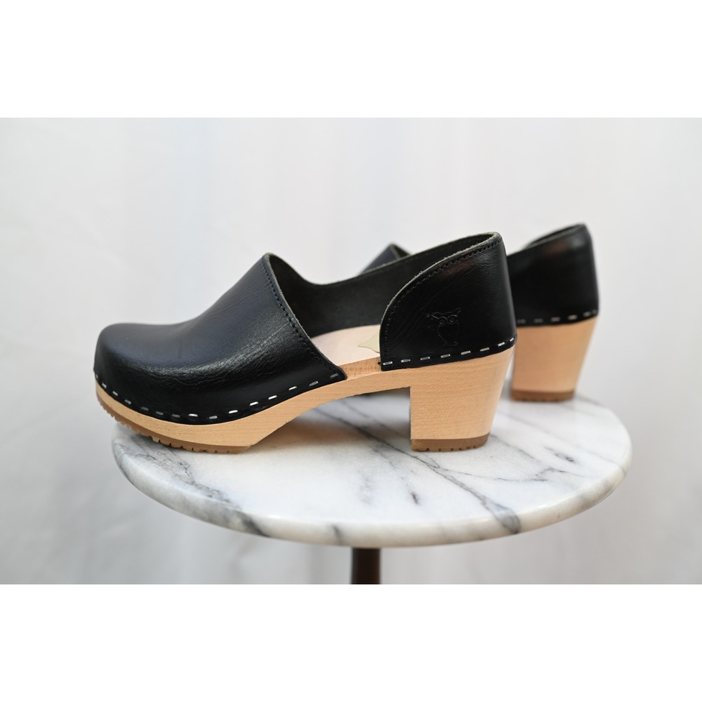 Sandgrens Sweden Black Leather Wooden Clogs High Heel Shoes Size 37